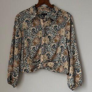 DREW Turquoise Tan Long Sleeved Floral Paisley Button Front Blouse
